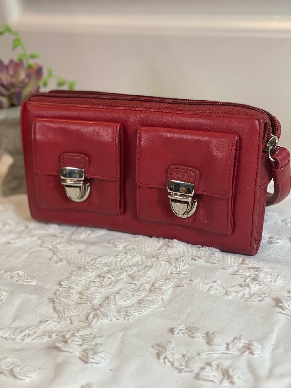 Red Leather Wristlet Clutch with Front Pockets